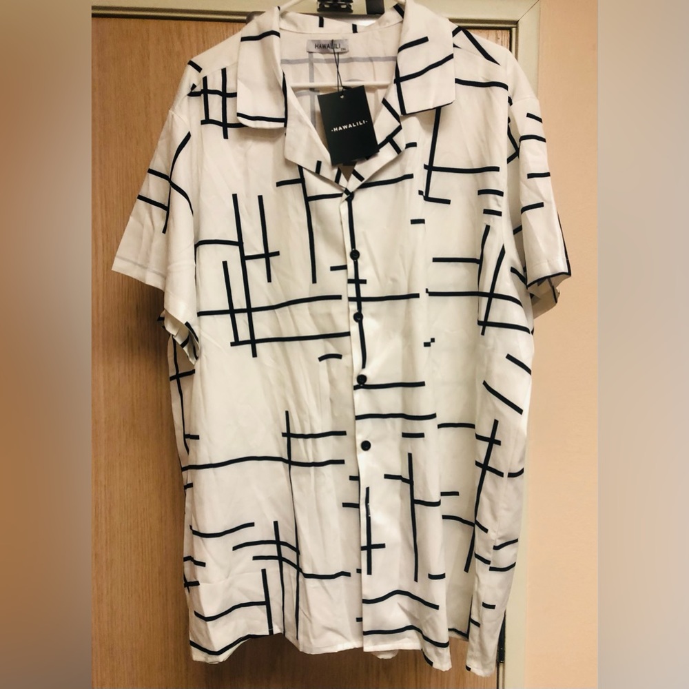 White Hawalili button down shirt with black geometric pattern. New with tags.